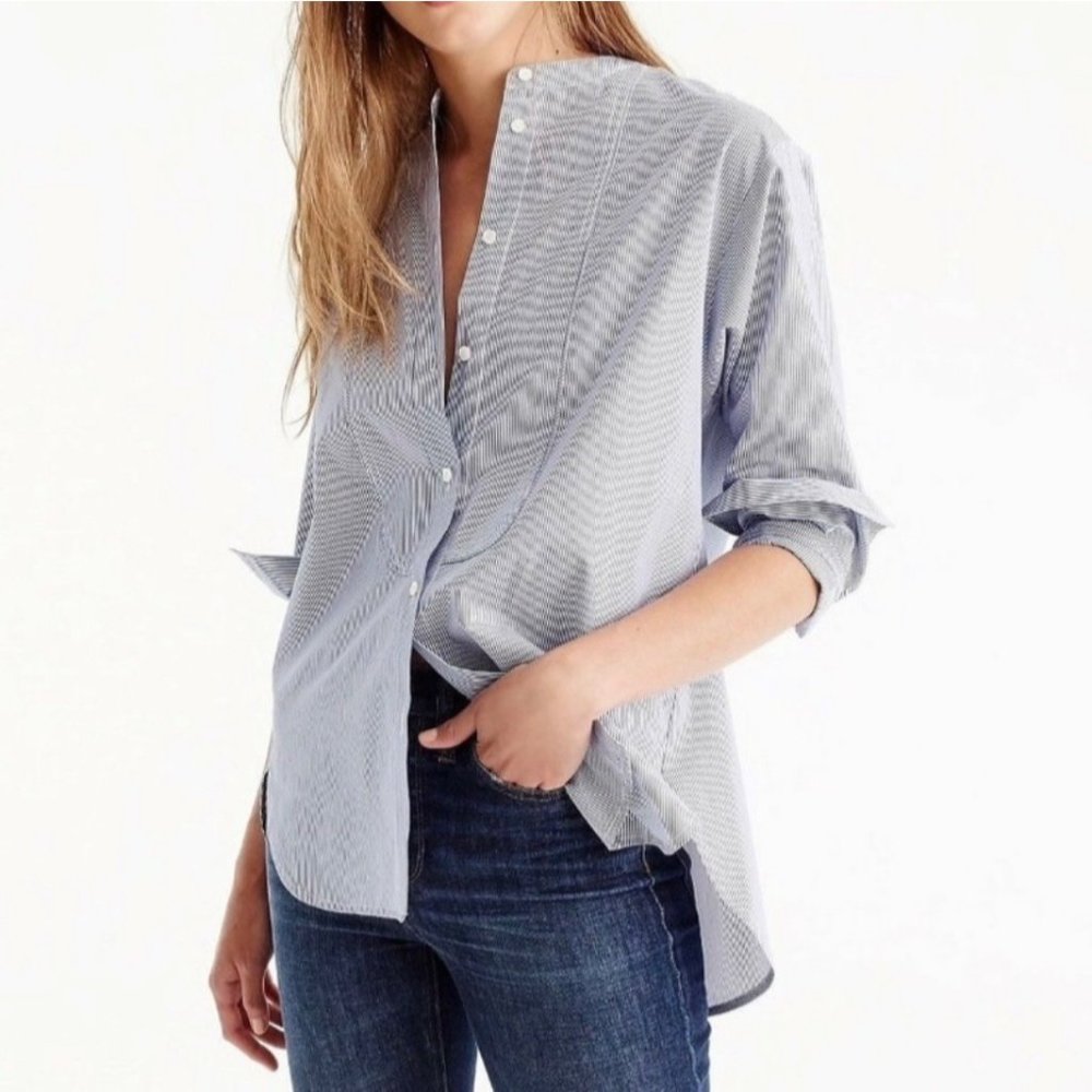 Thomas Mason Shirting For J. Crew Collarless Tuxedo Shirt Pinstripe Cotton 8